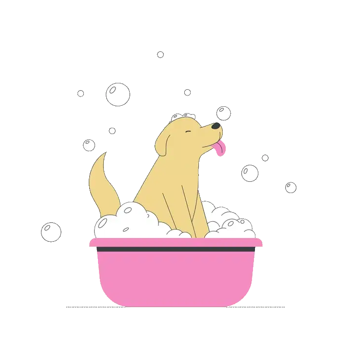 Illustration of a golden dog enjoying a bubble bath in a pink tub
